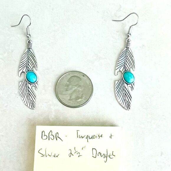 BBR Southwest Native Turquoise & Silver Dangle Earrings - Picture 5 of 8